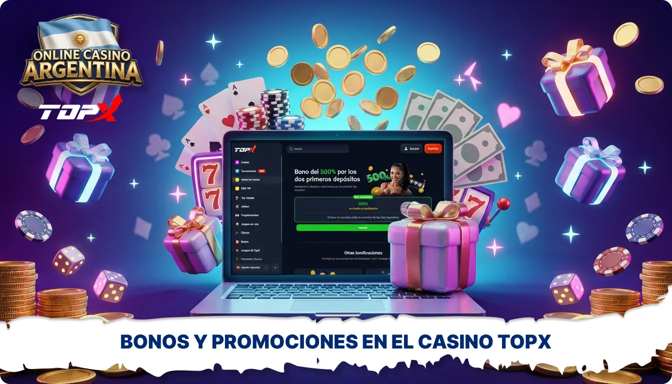 TopX en Argentina ofrece bonos por depósito, giros gratis, reembolsos y promociones periódicas para los jugadores